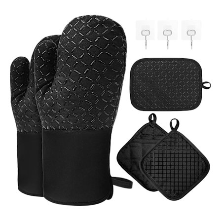 Grytevotter og grytekluter sett, 300°C varmebestandige bomullsgrytehansker, lange hansker med sklisikker silikon, kokkehansker for kjøkken, baking, 