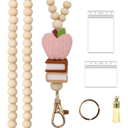 Træ Perle Lærer Lanyard med Pink "Teach" Æble Charm - ID Badge Holder, Mode Nøglesnor til Kvinder, Stilfuld Træ Perle Ac