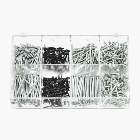 Biltema - Spiker- og Stiftesett, 750 stk. - Tre Typer Små Spiker i 8 Størrelser for Innendørsbruk, 9mm 80 stk., 13mm 70 stk., Dykkert 1 2 x 20