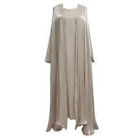 Stilfuldt islamisk damebedesæt, fuld længde kaftan kjole med lang cardigan kåbe, muslimsk metallisk organza kjole kåbe, Khaki S(S )