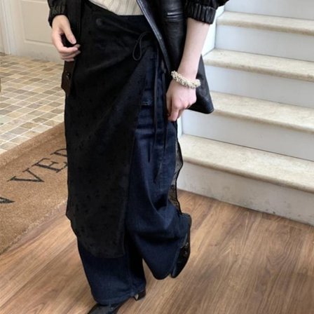 Lace Layered Gaze Skirt Lace Up Tunn Spetskjol SVART STYLE2