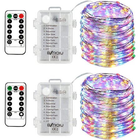2 x 50 LED-batteri Fairy Lights på 5 meter Micro Silver 3AA-kabel Vattentätt batteri som drivs med 8-programs fjärrkontroll (flerfärgad)