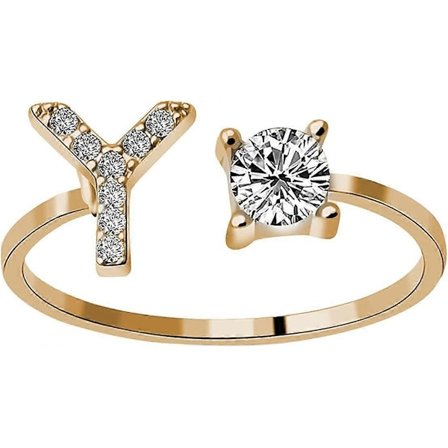 26 Bokstäver Ringar för Kvinnor - Diamant Rhinestone Besatt Zirkonia Öppen Justerbar Ringar Smycken Tillbehör Presenter (Y, Justerbar)