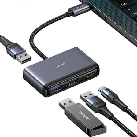 USAMS 4in1 Adapter Hubb USB-C 2xUSB 2.0. USB 3.0 - Grå