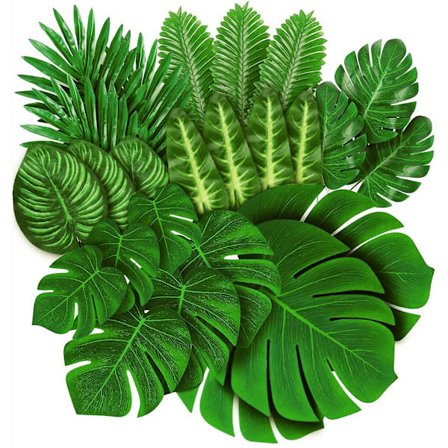 100 stk. Palmblade Kunstige Tropiske Monstera - 9 Typer Store Små Grønne Falske Palmblade Med Stilke Til Safari Jungle Hawaiian Luau Festbord