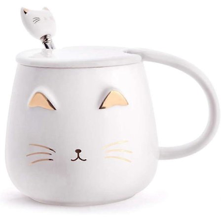 Hvid Kat Krus, Sødt Katte Keramik Kaffekrus med Rustfri Stål Ske, Nyt Kaffekrus til Katteelskere Kvinder Piger