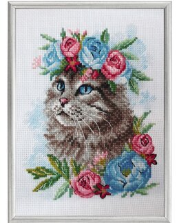 Broderikit Billede Kat med blomster - Riolis