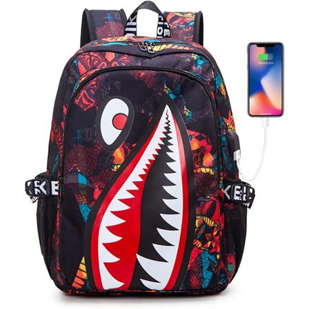 Shark Tonårsryggsäckar Mode USB Laptop Skolväska