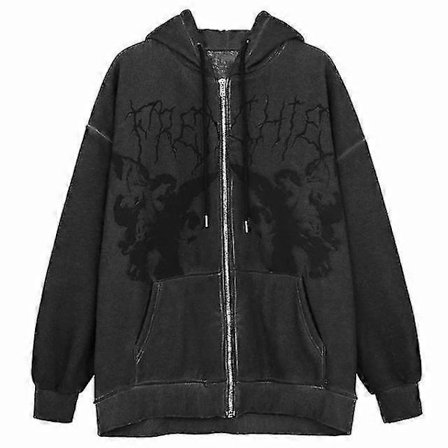 Dame Vintage Engel Print Hettegensere Dame Glidelås Langermet Lomme Streetwear Jakke Høst Vinter Y2K Estetisk Hettegenser