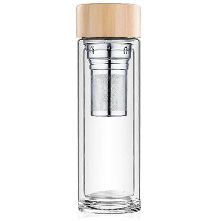 PIAO Te-flaske med sil 450 ml, dobbeltvegget temaker i glass, isolert, teglassflaske, teflaske drikkeflaske, termosflaske i glass, te