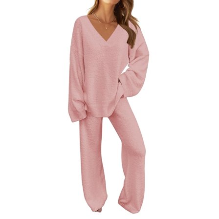 Kvinnors 2-delade outfits Fuzzy Fleece Pyjamas Set Långärmad Loungewear Pink