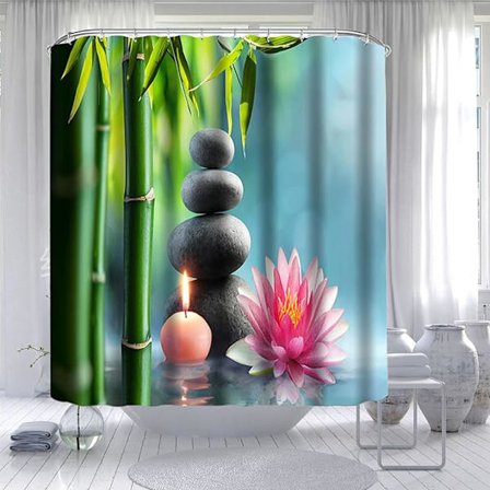 Zen duschdraperi, duschdraperi 90X180, duschdraperi i bambuväv, blommigt vatten badrum duschdraperi