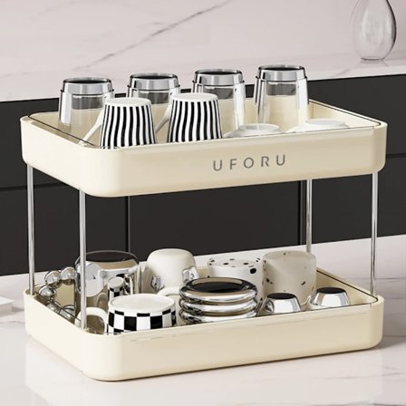 Dobbeltlags skrivebordsopbevaringsreol, multifunktionel kopholder med afløbsbakke, sparer plads i køkkenet, hjemmet og kontoret