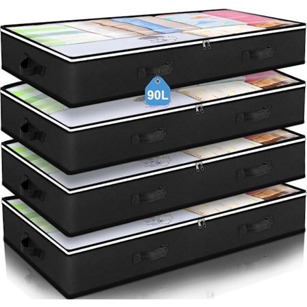 4-pak Opbevaringskasser til tøj under sengen, stor kapacitet, foldbare opbevaringsposer med klart vindue, sort