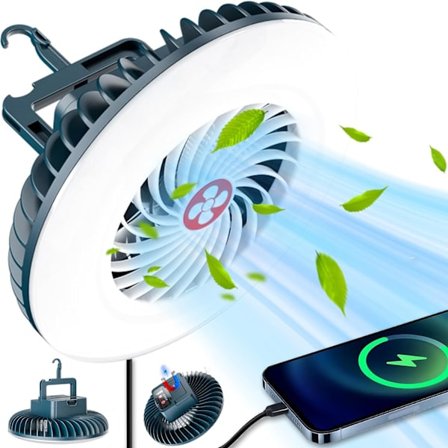 Campinglampe med ventilator, genopladelig lanterne, campingventilator og powerbank 3 i 1, bærbar LED-lampe til telthake
