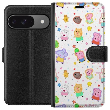 Kompatibelt Lommeboketui til Google Pixel 9 Fargerike tegneserie dyrekarakterer i en leken stil med stjerner og prikker på en lys bakgrunn