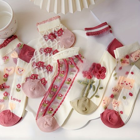 5 par blomster- og bjørnemønstrede ankelstrømper, polyesterstof, forår/sommerkollektion, håndvask/rens