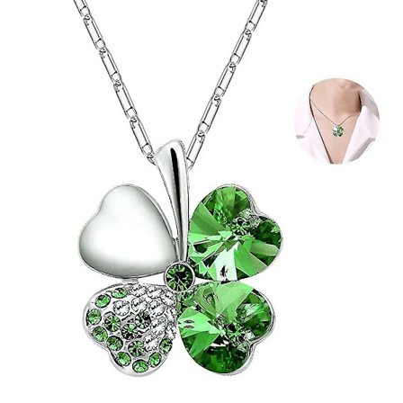 Halskjede med firkløver i hjerteform med krystaller, kjede på 45 cm grønn