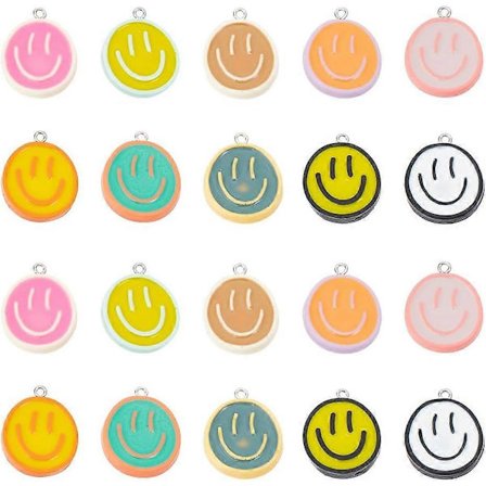 40 st 10 Färger Resin Leende Ansikte Berlocker Opak Emalj Hängsmycken Berlock Plattrunda Leende Ansikte Tryckt Berlock för Halsband Armband 