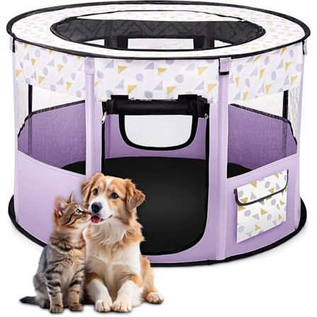 Sammenleggbar Hunde Lekegrind, Bærbar Valp Katt Kanin Gjerde, Pustende Innendørs/Utendørs Telt med Bæreveske, Ideell for Reise og Camping (Lilla, XL) 