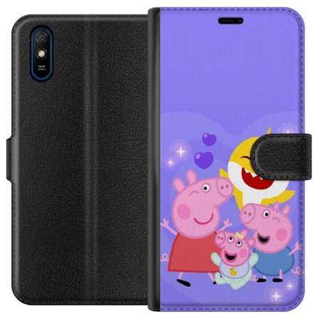 Kompatibel Tegnebogsetui til Xiaomi Redmi 9A Peppa Gris mønster med hjerter, sommerfugle og venner, lyserød baggrund i bløde børneillustrationer