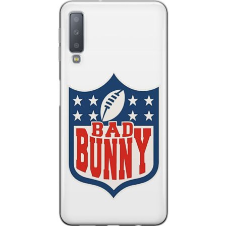 Kompatibelt Mobildeksel til Samsung Galaxy A7 (2018) Bad Bunny rød grafisk plakat med portrett og typografi i latinamerikansk popdesign