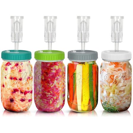 Fermenteringssett - 4 deler (Mason jar ikke inkludert), med låsbart fermenteringslokk i plast for Mason jars med bred åpning.