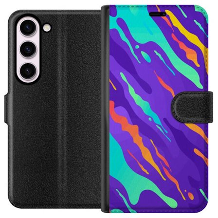 Kompatibel Tegnebogsetui til Samsung Galaxy S23 Farverigt abstrakt mønster med flydende former i lilla, turkis, gult og orange.