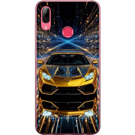 Huawei Y7 (2019) Läpinäkyvä kuori Kultainen urheiluautoillustraatio, futuristinen luksusauto valopolkujen kera täydellinen eksklusiivisille autoku