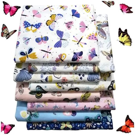 8 st fjärilsbomullstyg 50 cm x 50 cm, lapptäcksväv