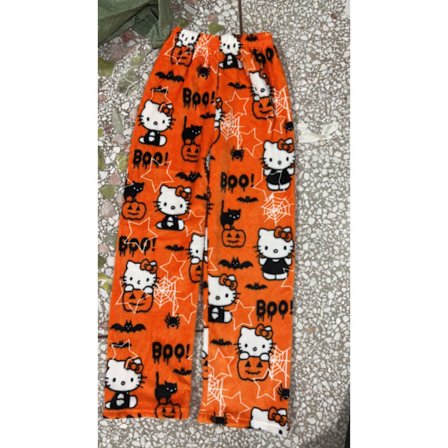 Tegneserie Julepyjamasbukser til Kvinder, Afslappede Velourbukser til Hjemmebrug med Katte Mønster Græskar KT Kat L