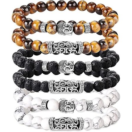 WABJTAM6 PCS Pärlarmband för män Vulkansten Gul Tigeröga Armband Pin Vit Buddha Armband Rock Gotisk Punk Elastiskt Armband Set
