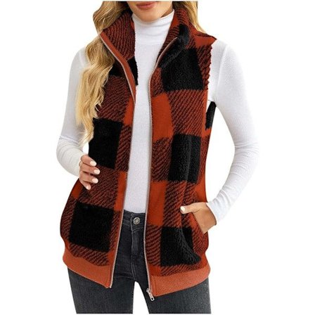 Dame Vinter Rutete Fleece Vest Casual Fuzzy Ermeløs Sherpa Vest Fluffy Glidelåsjakke Varmt Yttertøy M