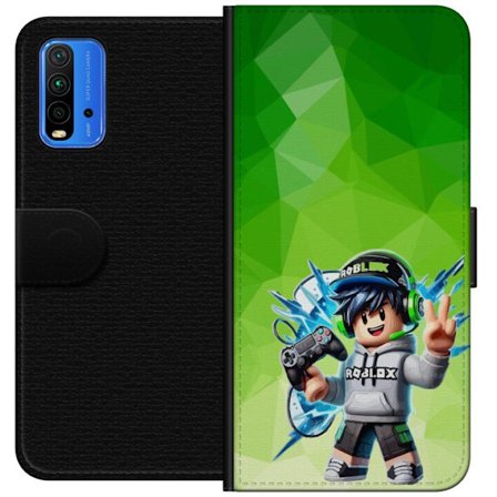Kompatibelt Lommeboketui til Xiaomi Redmi Note 9 4G Roblox-inspirert gamerfigur med headset, håndkontroll og energiske effekter mot grønn bakgrunn