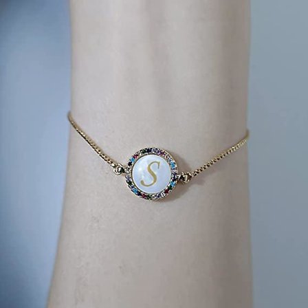 WABJTAM Guld Armband för Kvinnor Skal Initial Bokstav Charm Armband med Färgglada Strass Justerbar Ormkedja Smycken för Tonårsflickor BOKSTAV S