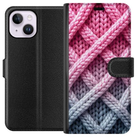 Kompatibel Tegnebogsetui til Apple iPhone 14 Plus Nærbillede af vævet tekstilmønster i nuancer af lyserød, grå og hvid med taktil struktur