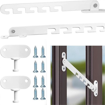 2 STK Hvit Vindusbegrenser, Vindusstopper i Metall, Dørbegrenser, Vinduslås med 8 Skruer for å Justere Vindusåpningen