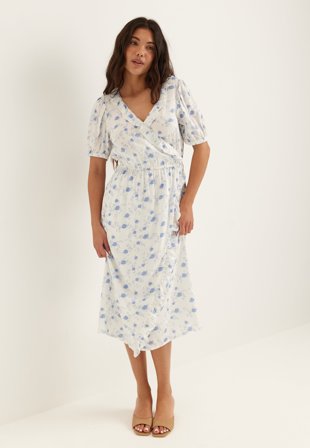 BUBBLEROOM - Wrap Frill Dress - Blue/Patterned