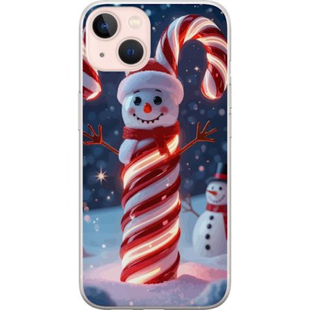 Apple iPhone 13 Gennemsigtig cover Glimrende jule slik-sne mand formet af slik pinde der lyser varmt i et vinterlandskab med snefald og festlig magisk