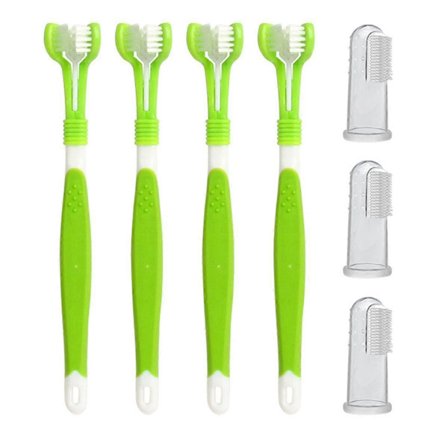 Hundtandborste, 4 Trippelhuvud Tandborste 3-pack Fingertandborstar i Gummi, Multi-Vinkel Dental