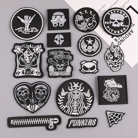 Broderi stryge-på patch, (Skull/Punk) 16PCS patch-klistermærke, Vint