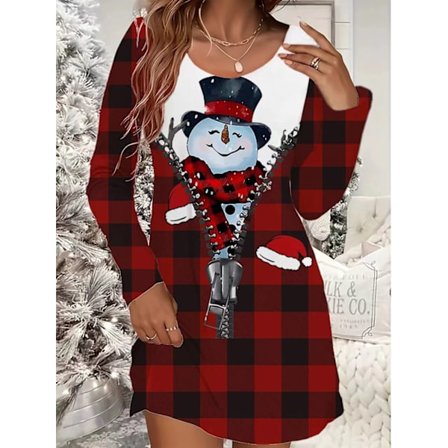 Julekjole for kvinner, avslappet, med snøfnugg- og juletreprint, lange ermer, rund hals, lett elastisk