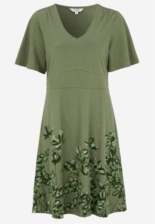 Cellbes of Sweden - Jerseykjole med blomstermønster i kakigrøn / blomstret til damer i størrelse 58/60