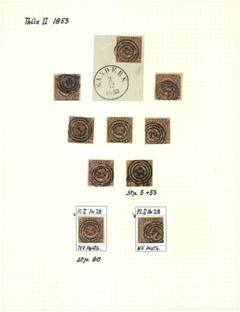 Danmark 1853 - Samling på 1 side med 4 RBS Thile II frimærker - Stemplet