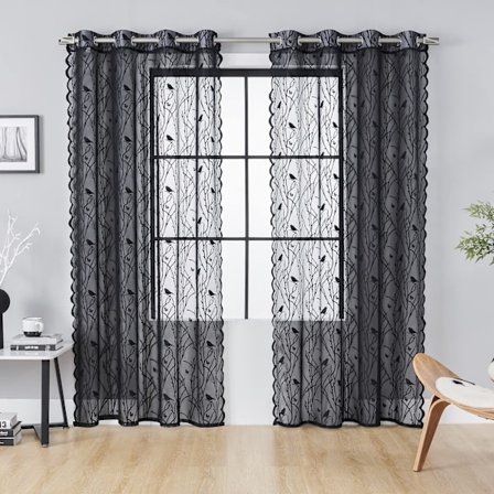 Svarta skira gardiner, 140×200 cm, broderad fågel på trädgren, skira gardiner med öljetter, ljusfiltrerande, fönsterbehandling för avskildhet_tfrf