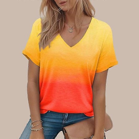 Naisten V-aukkoinen lyhythihainen auringonlaskukuvioinen löysä T-paita rento paita