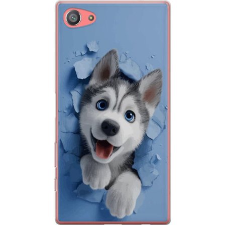 Kompatibelt Mobilskal till Sony Sony Xperia Z5 Compact Söt och realistisk huskyvalp som bryter igenom väggen i en charmig djurmotiv, perfekt för ba