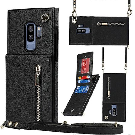 Fodral för Samsung Galaxy S9 Plus Cross-body med dragkedja, fyrkantigt TPU+PU baksidesskydd med hållare, kortfack, plånbok och rem