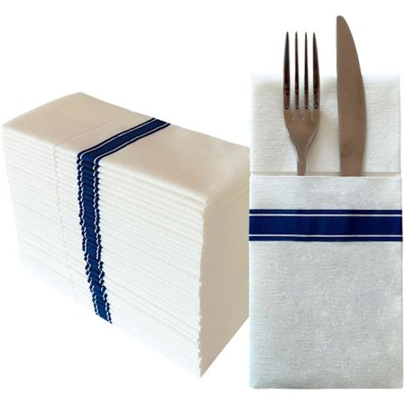 Blå 50-pak engangsdugservietter - Indbygget bestiklomme -