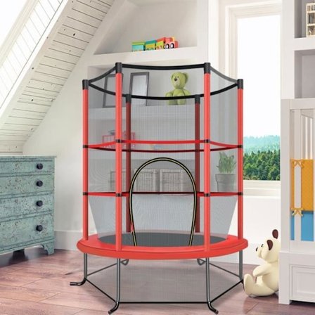 COSTWAY Lasten Trampoliini Turvaverkolla Ø165×1,91H CM-Vetoketjullinen Ovi-Jousisuojus-6 Pehmustettua pylvästä-Kantavuus 45 kg-Punainen